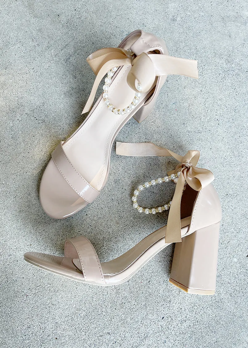 Trish Pearl Ankle Strap Heels in Patent Tan