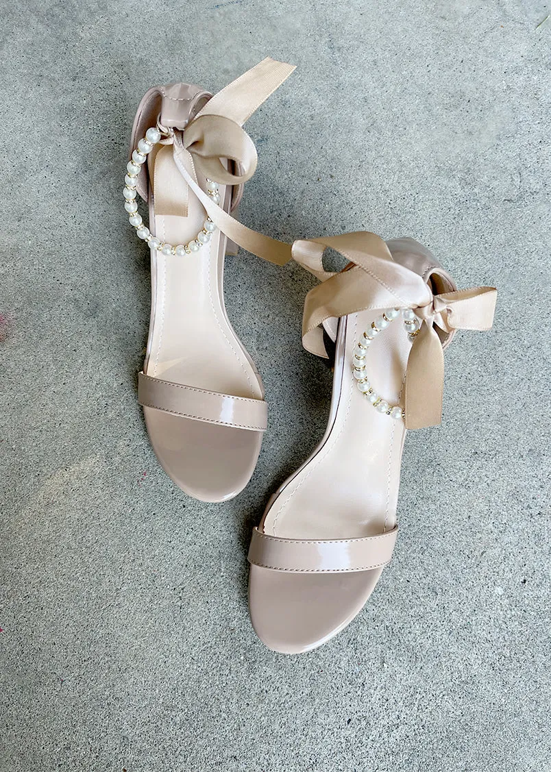 Trish Pearl Ankle Strap Heels in Patent Tan