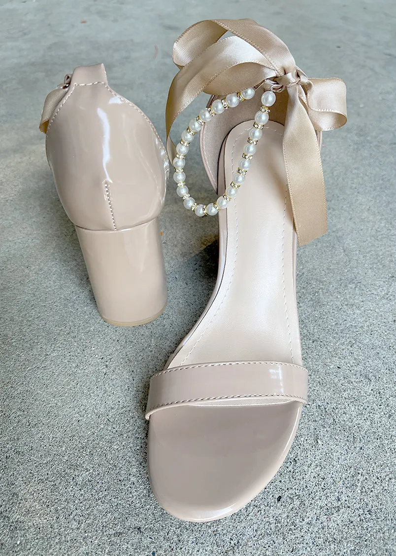 Trish Pearl Ankle Strap Heels in Patent Tan