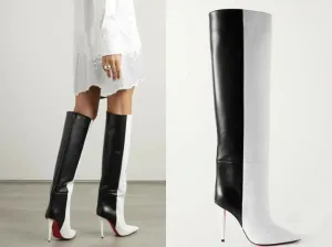 Two Tone Slim High Heel Pointed Toe Knee Length Boots