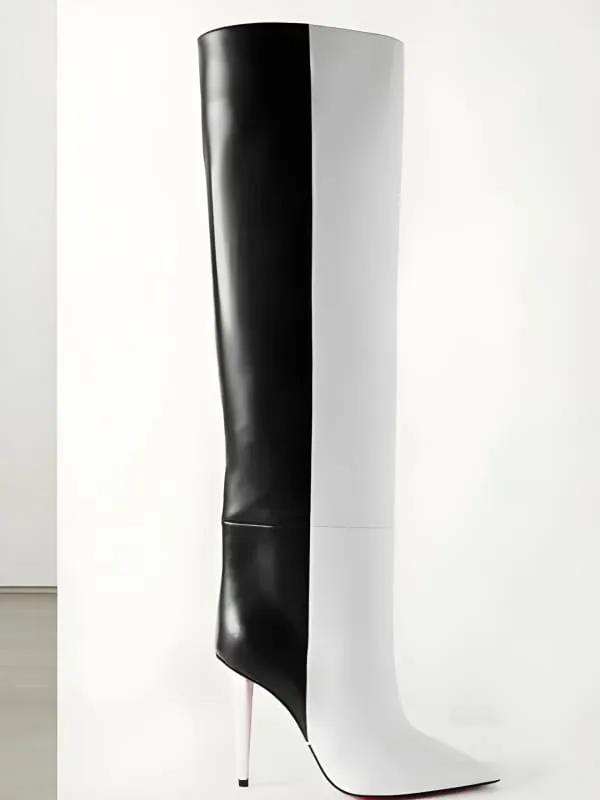 Two Tone Slim High Heel Pointed Toe Knee Length Boots