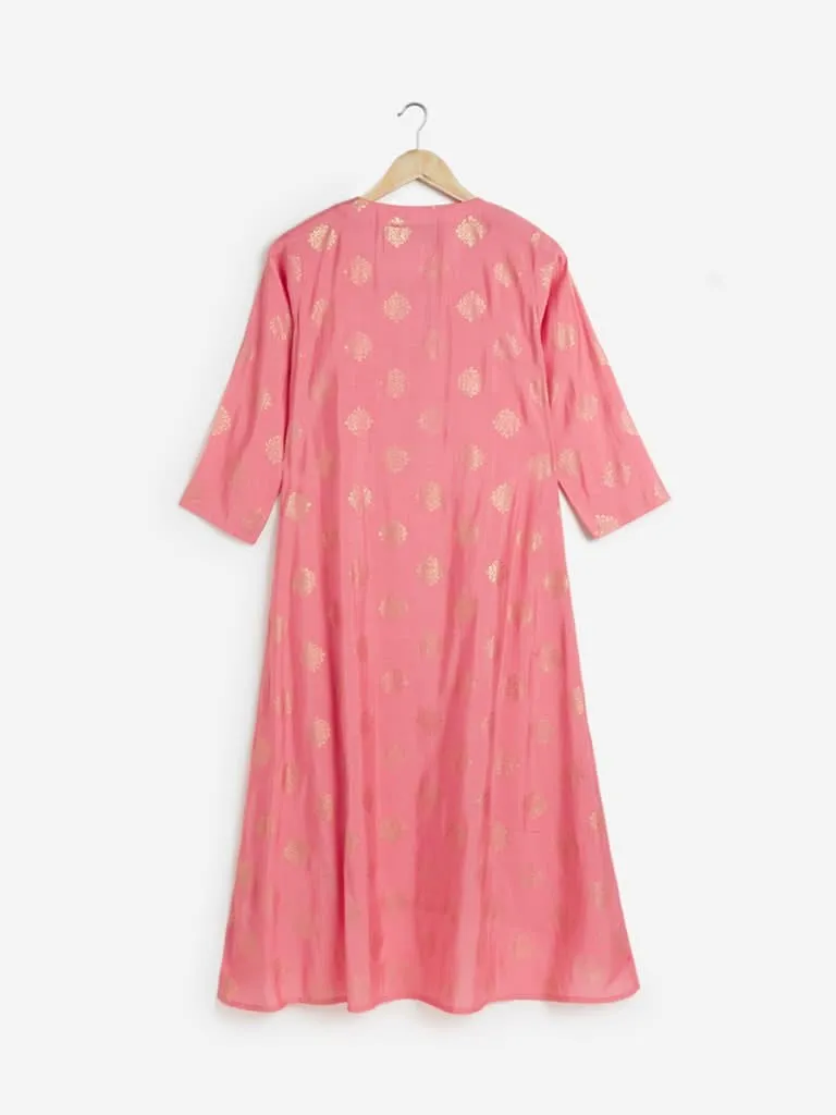 Utsa Pink Ethnic Print High-Low Kurta