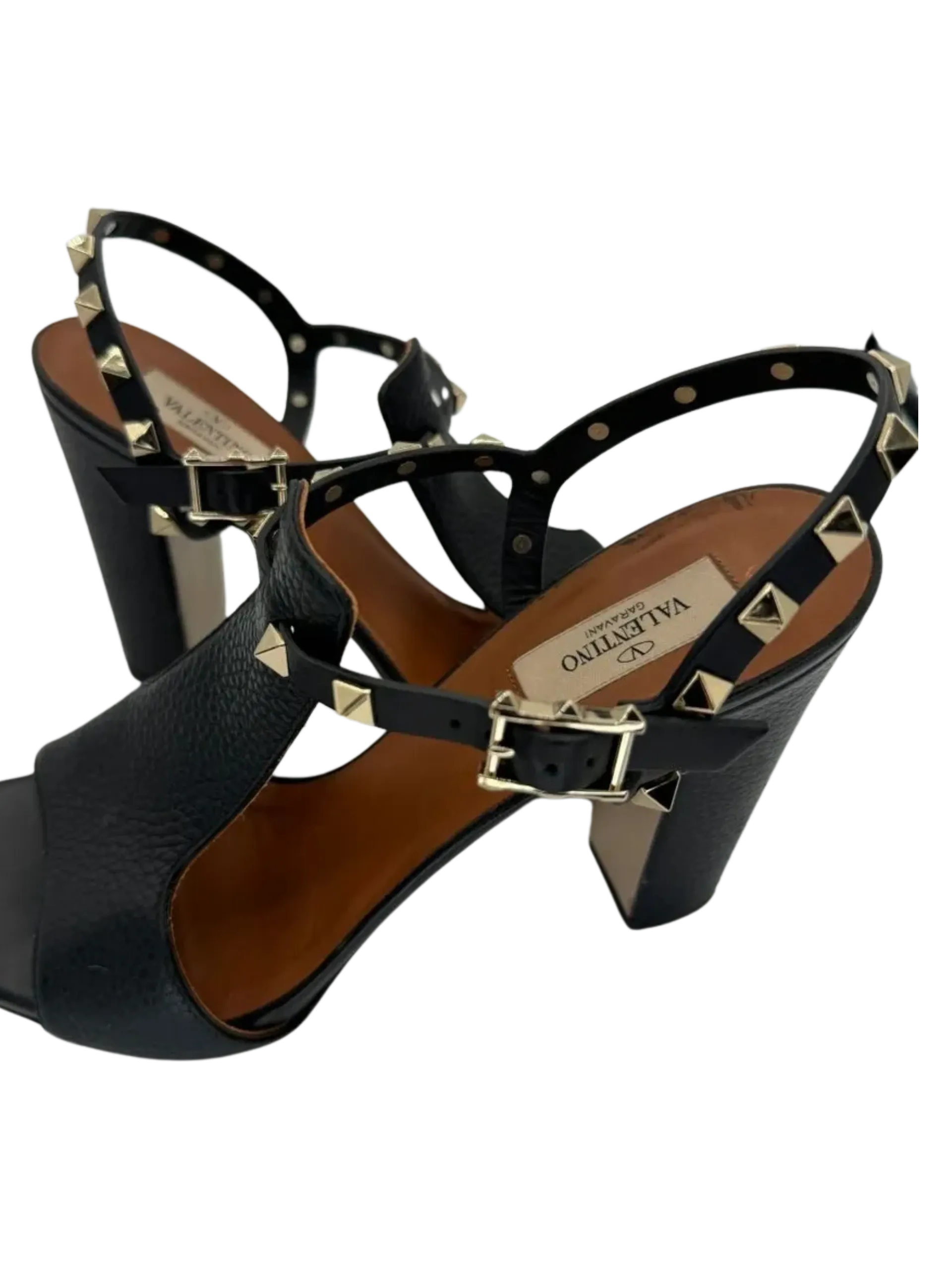 Valentino Black Leather Rockstud Open Toe Block Heel Ankle Strap Sandals