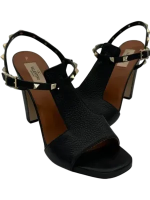 Valentino Black Leather Rockstud Open Toe Block Heel Ankle Strap Sandals