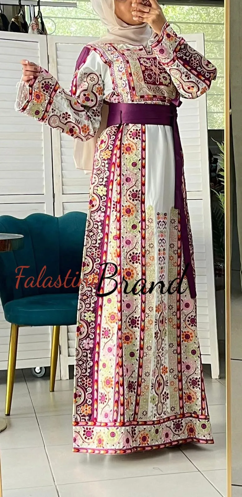 Very Luxurious White and Purple Malak Like Thob with Qasab Thread and Satin Details