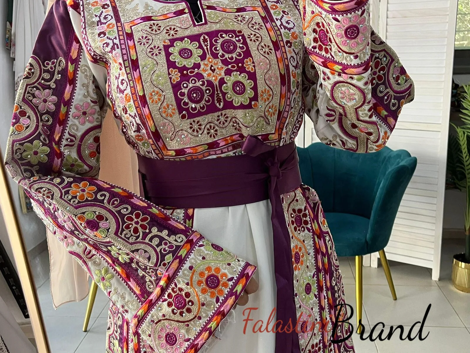 Very Luxurious White and Purple Malak Like Thob with Qasab Thread and Satin Details