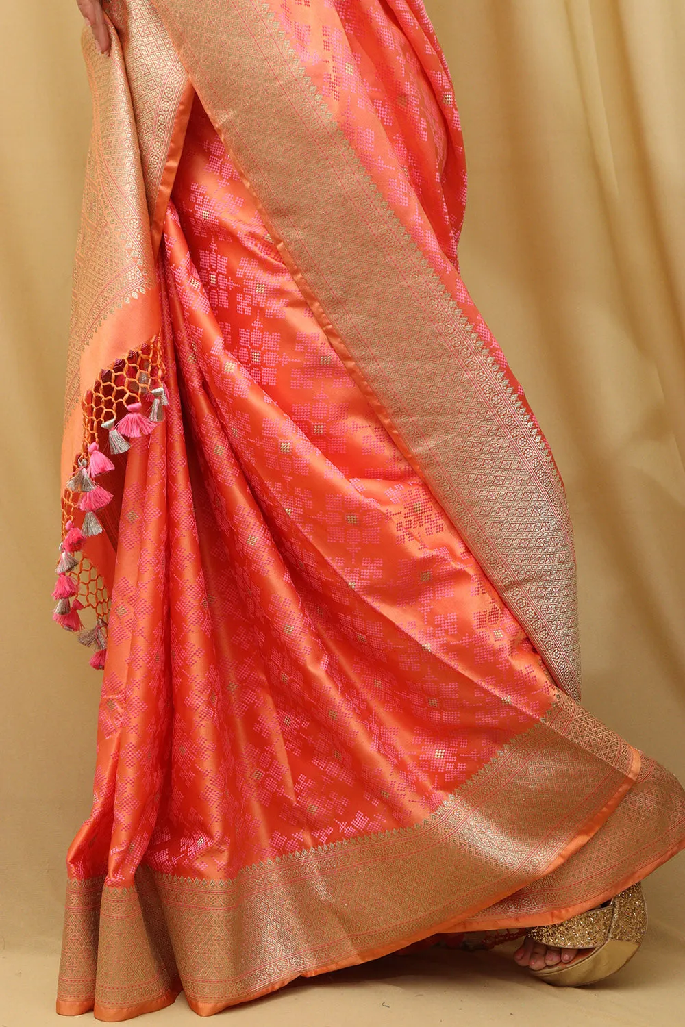 Vibrant Orange & Red Banarasi Silk Saree