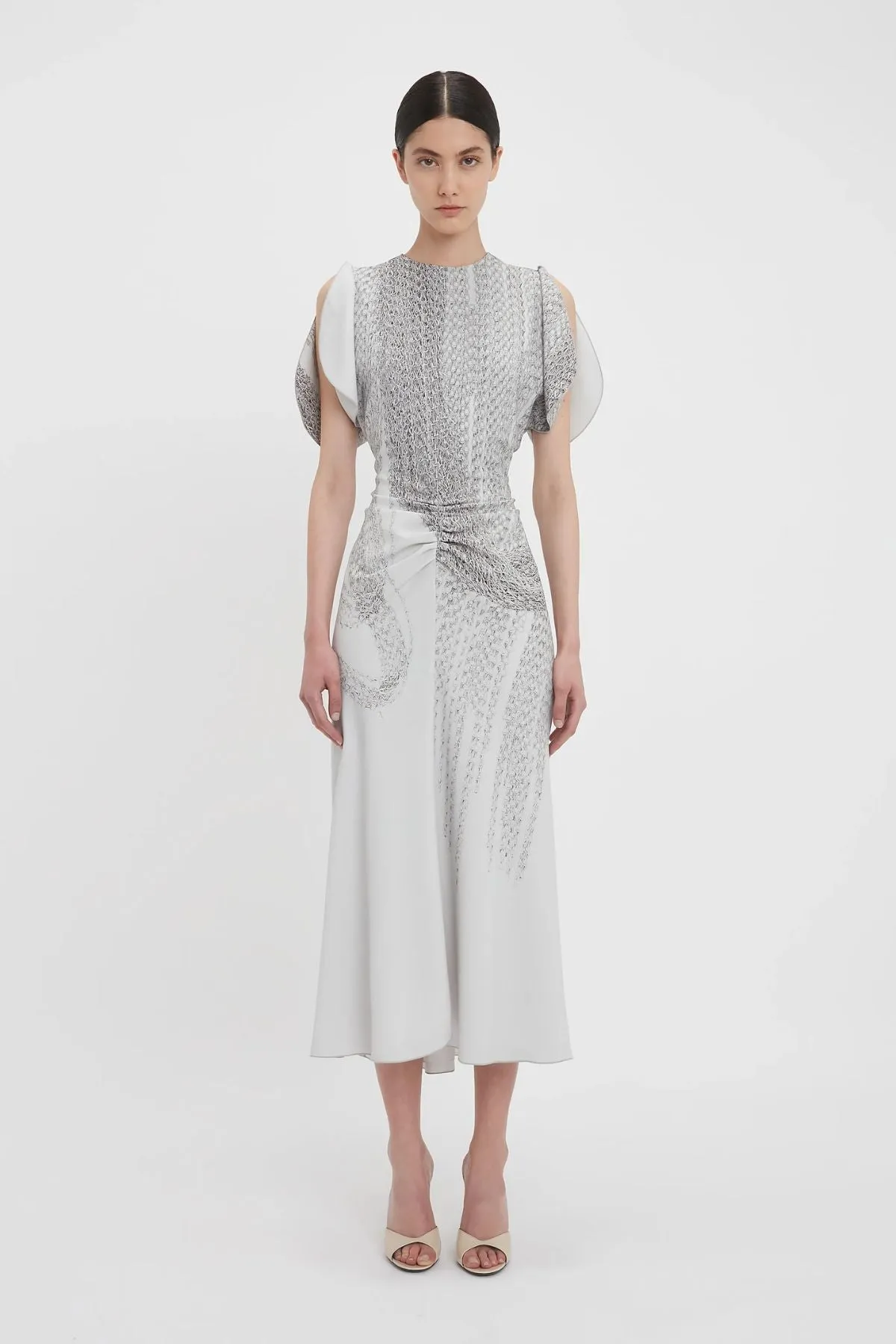 Victoria Beckham Gathered Waist Midi Dress - Grey Mist/ Silver