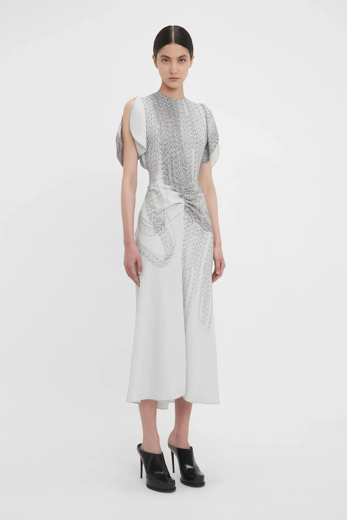 Victoria Beckham Gathered Waist Midi Dress - Grey Mist/ Silver