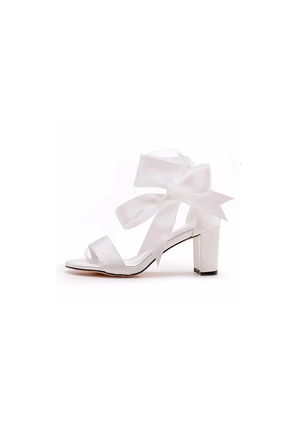 Wedding Shoes Peep Toe Sandals Chunky Heel Satin With Ribbon Tie Bow-Knot