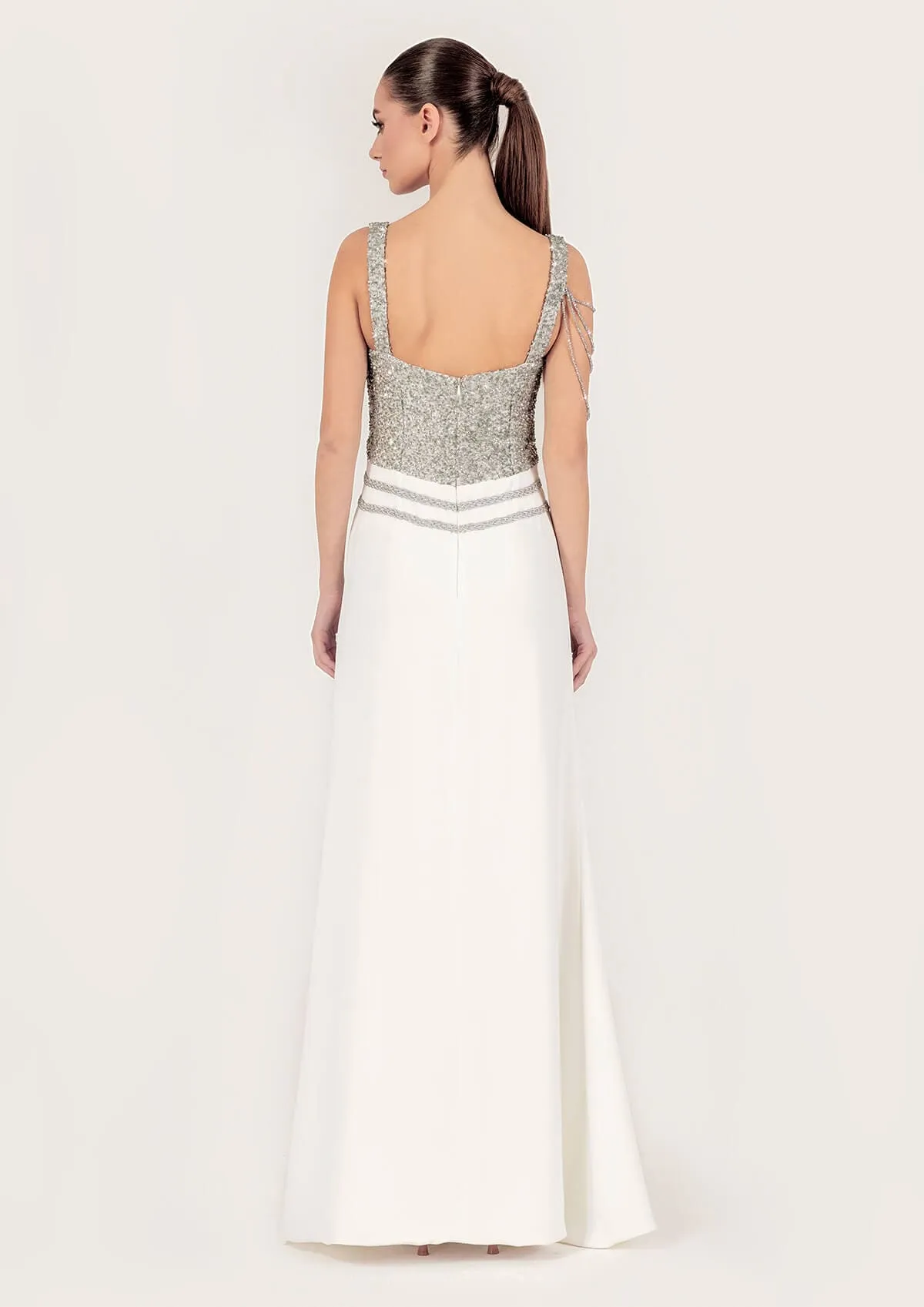 White Crystal Embellished Crepe Maxi Dress