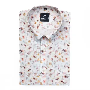 White Flower Palette Printed Wool Cotton Shirt For Men