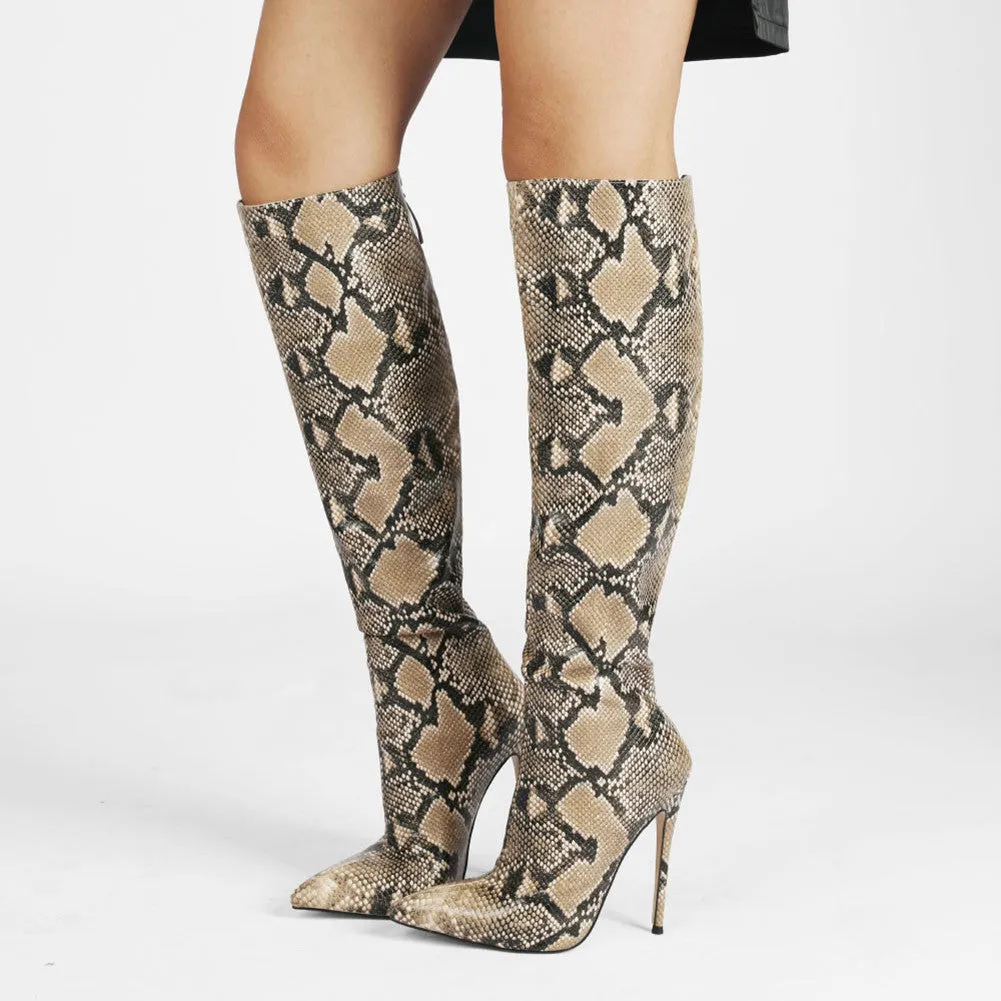 Woman Snakeskin 12cm Stiletto High Heels Pointed-toe Knee-high Long Boots