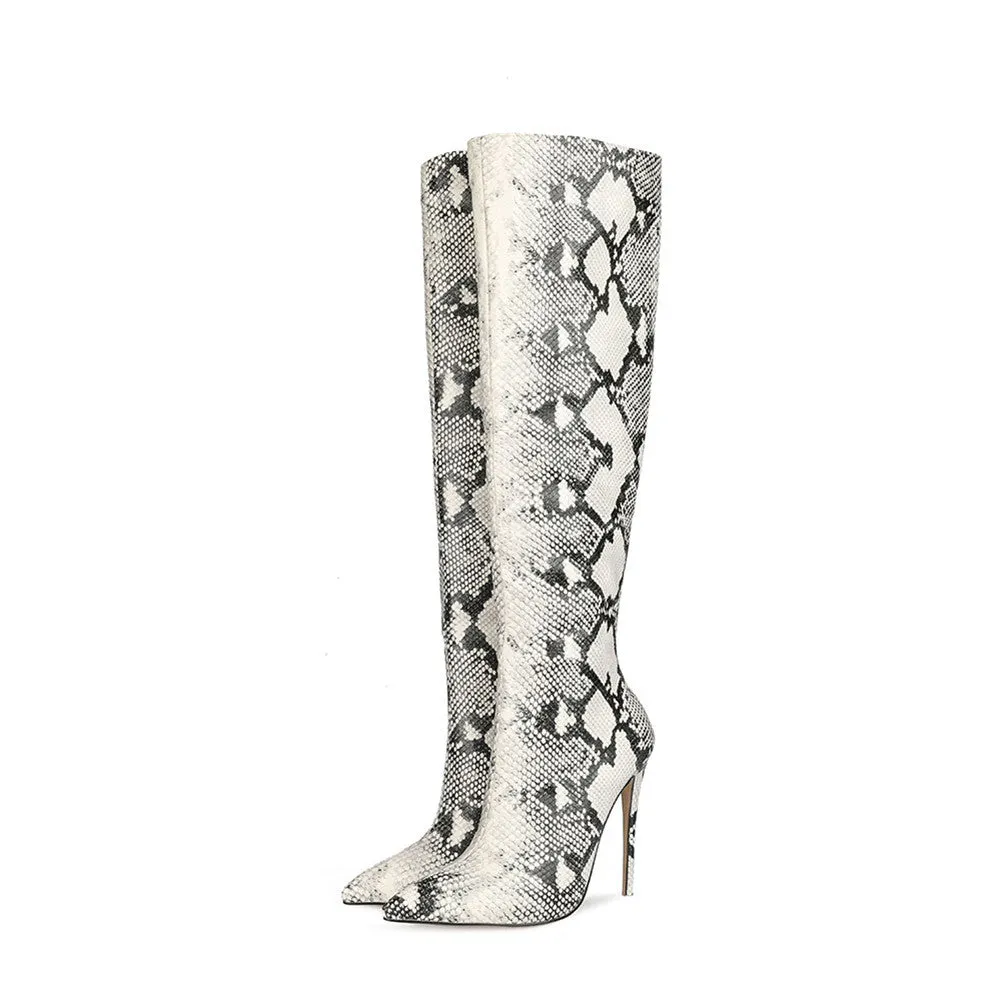 Woman Snakeskin 12cm Stiletto High Heels Pointed-toe Knee-high Long Boots