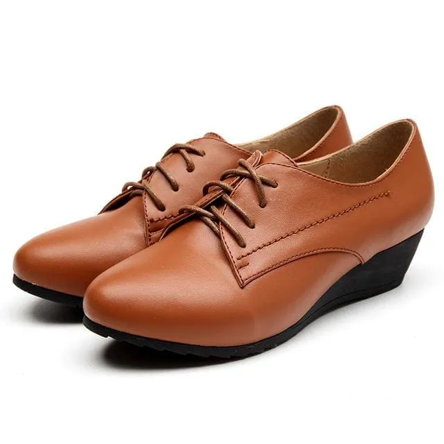 Women Genuine Leather Soft Lace-Up Pumps