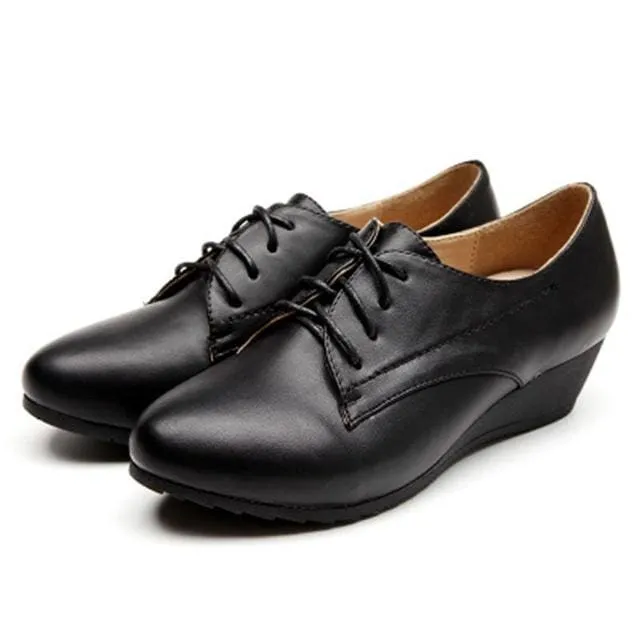 Women Genuine Leather Soft Lace-Up Pumps