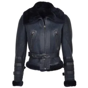 Women's Black Sheepskin Shearling Leather Bomber Jacket