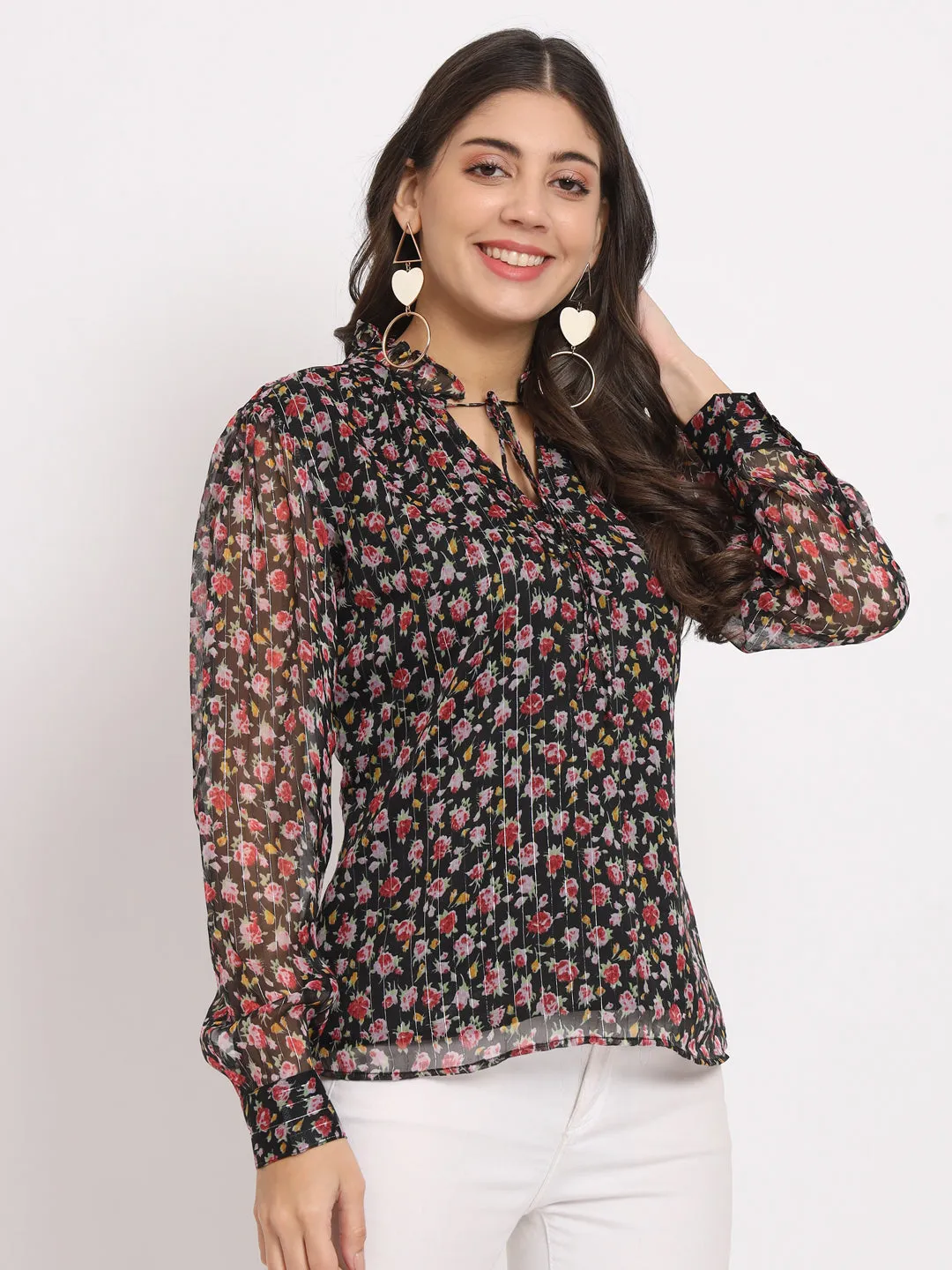 Women's Floral Printed Tie-Up Neck Cuffed Sleeve Chiffon Regular Top