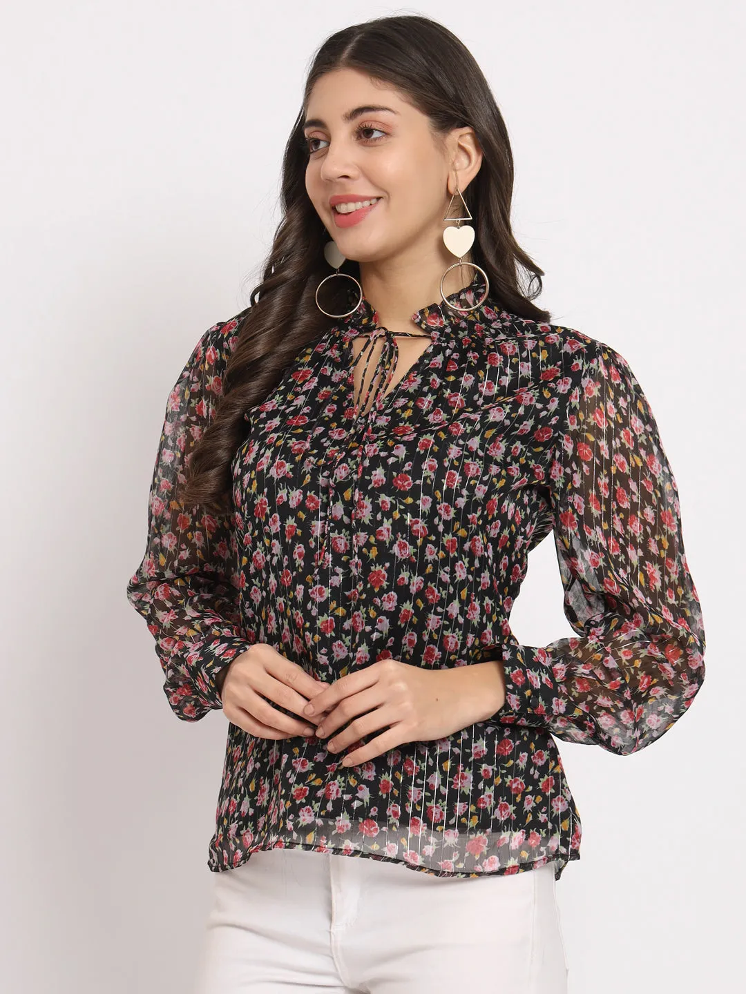 Women's Floral Printed Tie-Up Neck Cuffed Sleeve Chiffon Regular Top