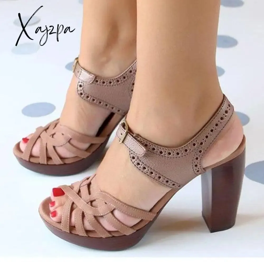 Xajzpa - Peep Toe Chunky Heel PU Casual Buckle Sandals