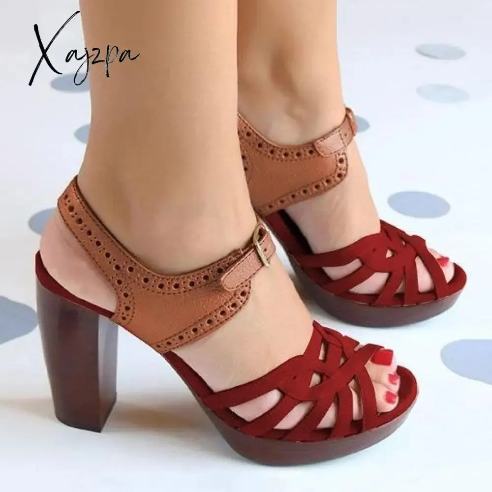 Xajzpa - Peep Toe Chunky Heel PU Casual Buckle Sandals