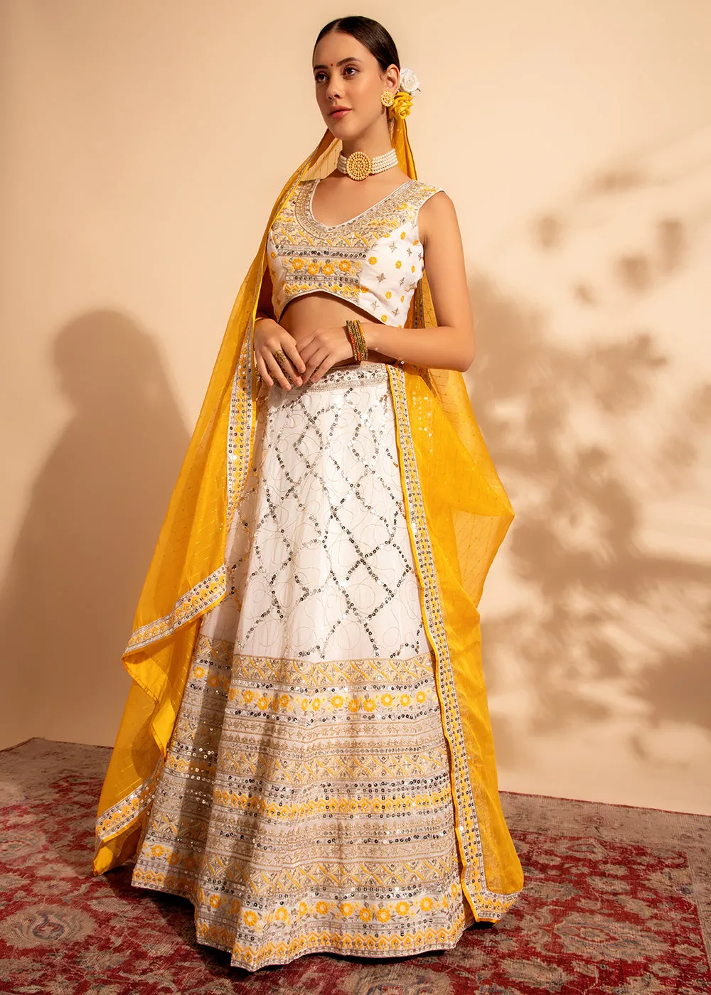 Yellow & White Bridesmaid Style Wedding Lehenga Choli