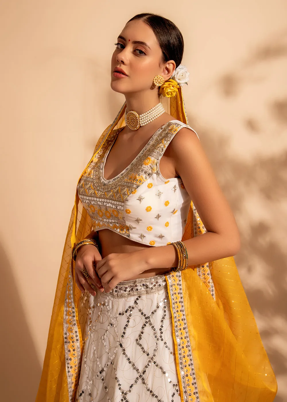 Yellow & White Bridesmaid Style Wedding Lehenga Choli