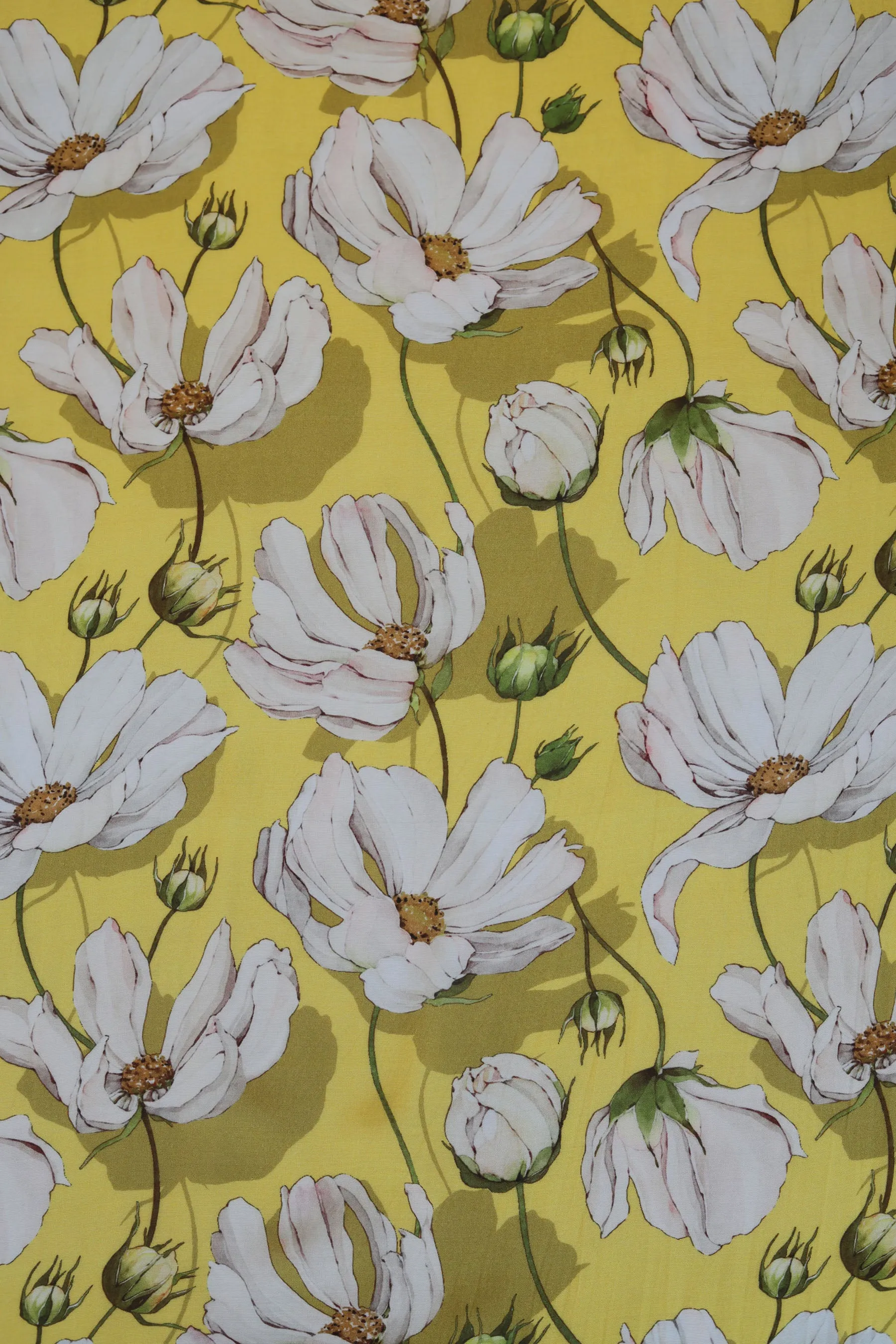 Yellow and White Floral Pattern Printed Natural Muslin Silk Fabric