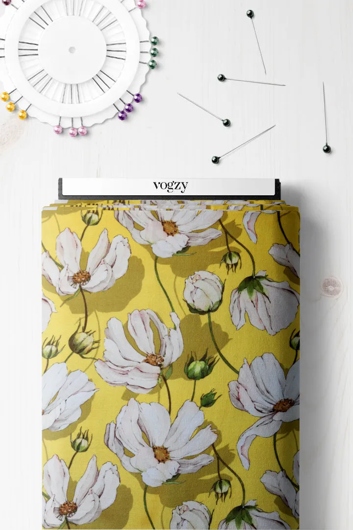 Yellow and White Floral Pattern Printed Natural Muslin Silk Fabric