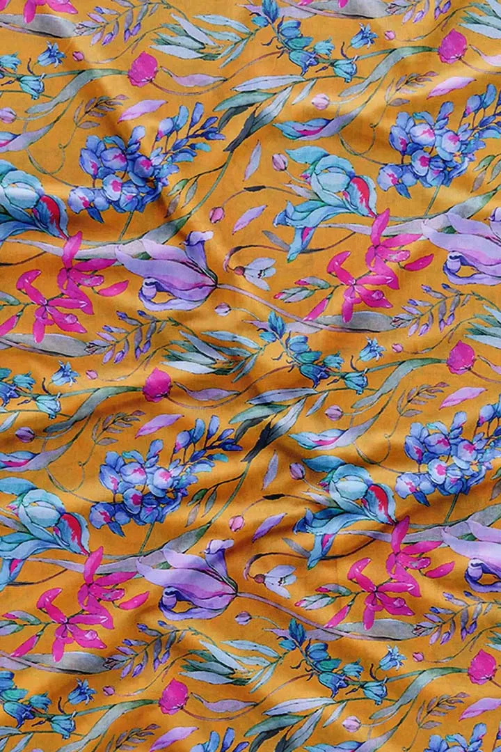 Yellow Botanical Printed Muslin Fabric