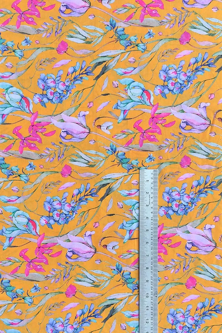 Yellow Botanical Printed Muslin Fabric